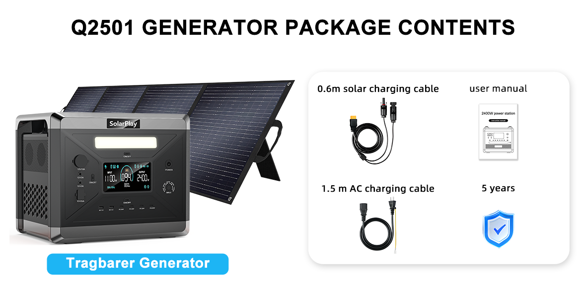 The SolarPlay Q2501 Portable Power Station comes with a solar charging cable, user manual, and accessories.