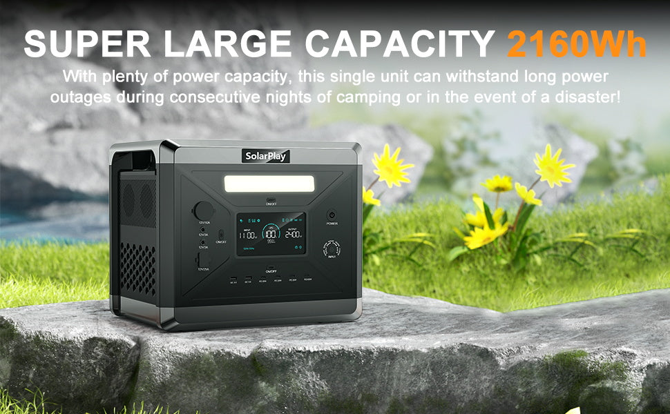 SolarPlay Q2501 portable power station offers 2160Wh capacity, digital display, multiple outlets, and is perfect for camping and emergency use.