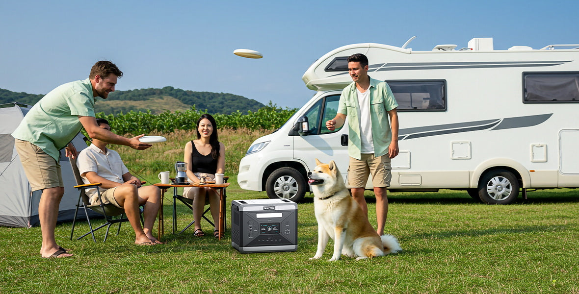 SolarPlay Q2501 portable power station has a 2160Wh capacity, 2 outlets, and multiple USB/DC output ports, suitable for outdoor camping, home backup, workshops, and off-grid charging.