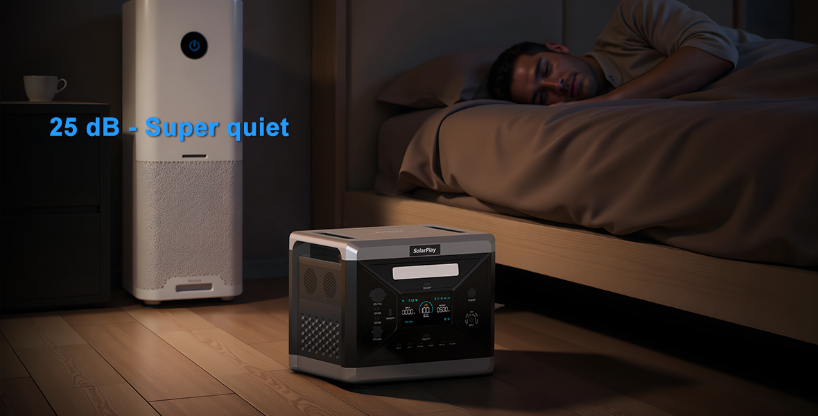 SolarPlay Q2501 Portable Power Station with 2160Wh LiFePO4, 2400W AC Output, and 12 ports for charging.