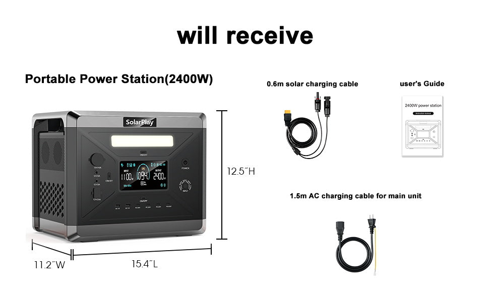SolarPlay Q2501 Portable Power Station, Portable 2400W power station with solar/AC cables and user guide; dimensions: 15.4"L x 11.2"W x 12.5"H.