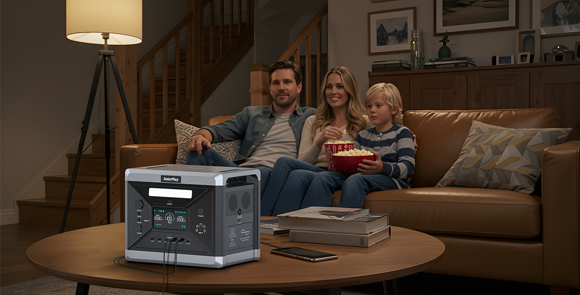 SolarPlay Q2501 Portable Power Station, Portable power station with 2160Wh capacity, 2400W output, and 12 ports for various devices, including fast dual charging.