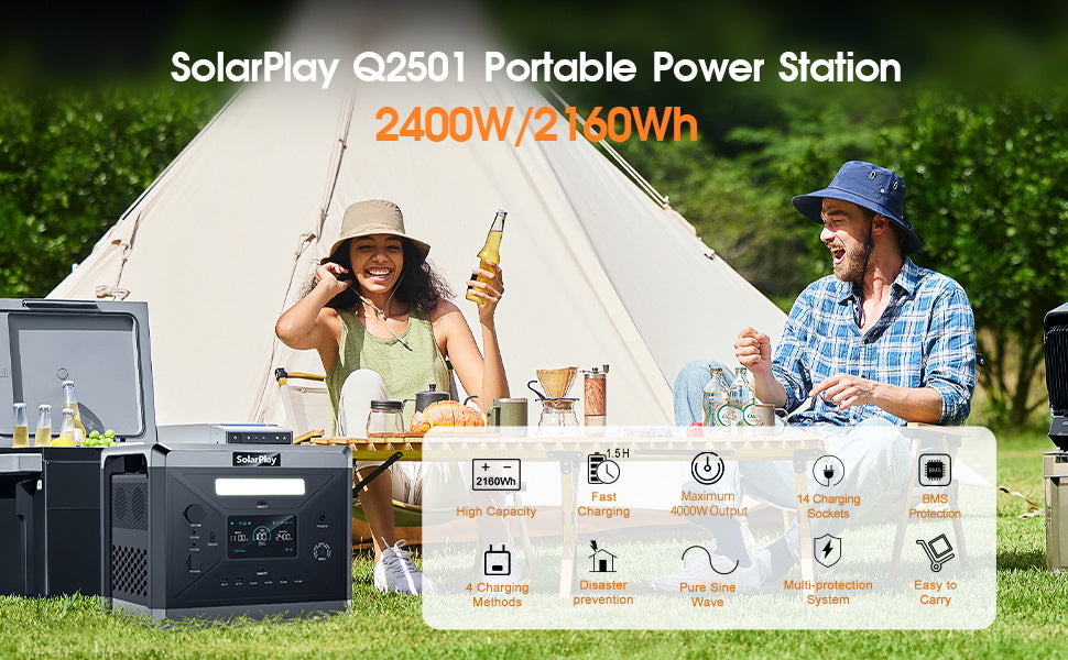 SolarPlay Q2501 Portable Power Station, SolarPlay Q2501: 2400W/2160Wh portable power station with fast charging, 14 outlets, pure sine wave, safety protections, lightweight—perfect for outdoor and emergency use.