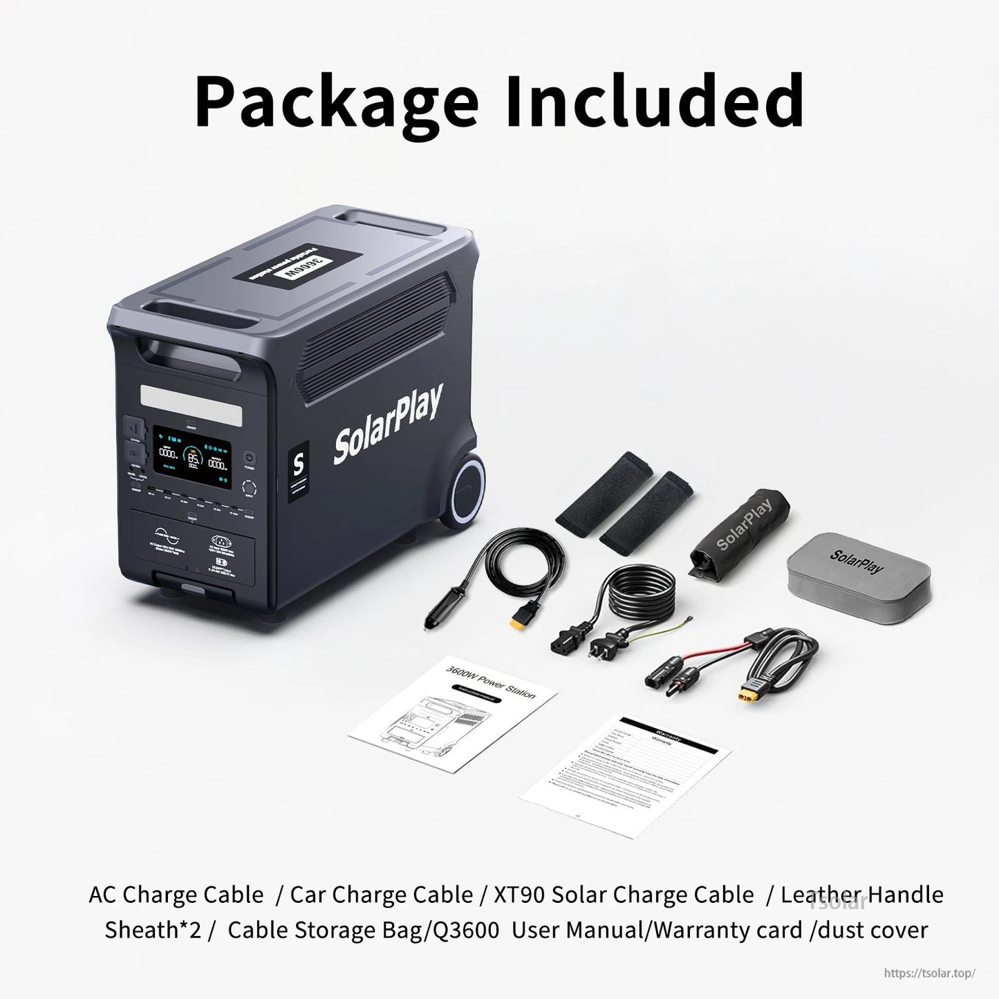 SolarPlay Q3600 Portable Power Station, SolarPlay Q3600: 3600W, 3840Wh LiFePO4 power station with 15 ports, 2000W solar input, 2.5h fast charge, UPS ≤20ms, and accessories included.