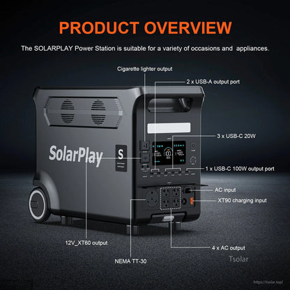 SolarPlay Q3600 Portable Power Station, 3600W LiFePO4 power station with 15 ports, 2000W solar input, 2.5h charge time, and UPS ≤20ms supports versatile power needs.