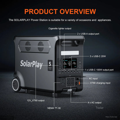 SolarPlay Q3600 Portable Power Station with 400W Solar Panel, 3600W 3840Wh LiFePO4, 7200W Peak, 15 Ports, 2.5h AC Recharge