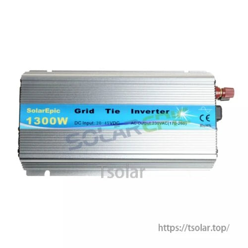 Solarpic 1300W Solar Grid Tie Inverter, SolarEpic 1300W grid tie inverter with finned aluminum case, DC input 20–45V and AC output 230V label