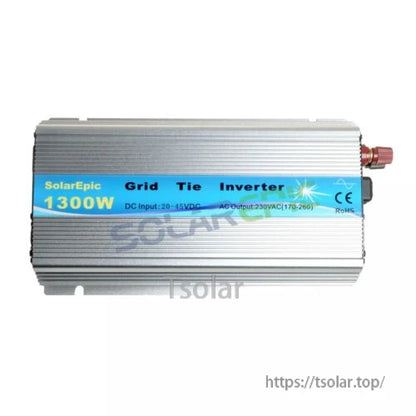 Solarpic 1300W Solar Grid Tie Inverter, SolarEpic 1300W grid tie inverter with finned aluminum case, DC input 20–45V and AC output 230V label