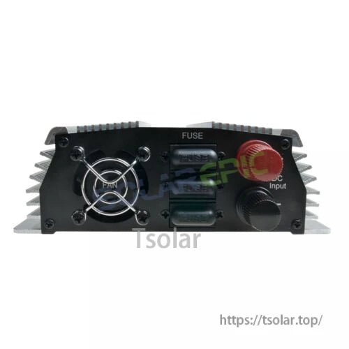 Solarpic 1300W Solar Grid Tie Inverter, Solarpic grid tie inverter rear panel with cooling fan, fuse holders, and red/black DC input terminals