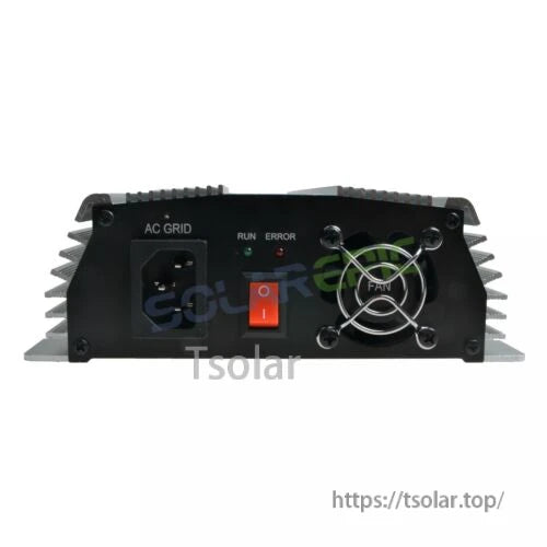 Solarpic 1300W Solar Grid Tie Inverter, Solarpic solar grid-tie inverter front panel with AC grid socket, power switch, run/error LEDs, and cooling fan