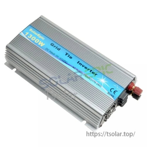 Solarpic 1300W solar grid tie inverter in finned aluminum case with cooling fan and DC/AC connector end