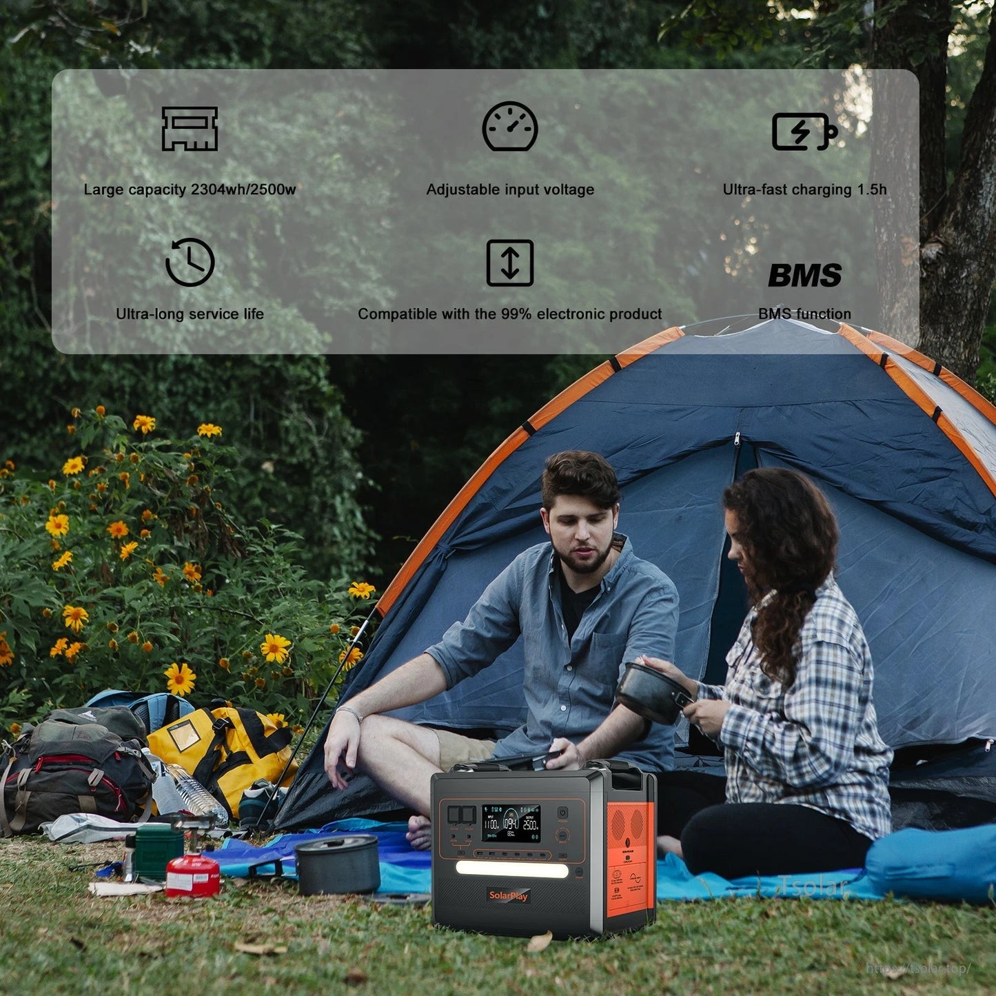 The Solarplay Q2402M Portable Power Station has 2304Wh capacity, 2500W AC output, and fast charging, suitable for most electronics.