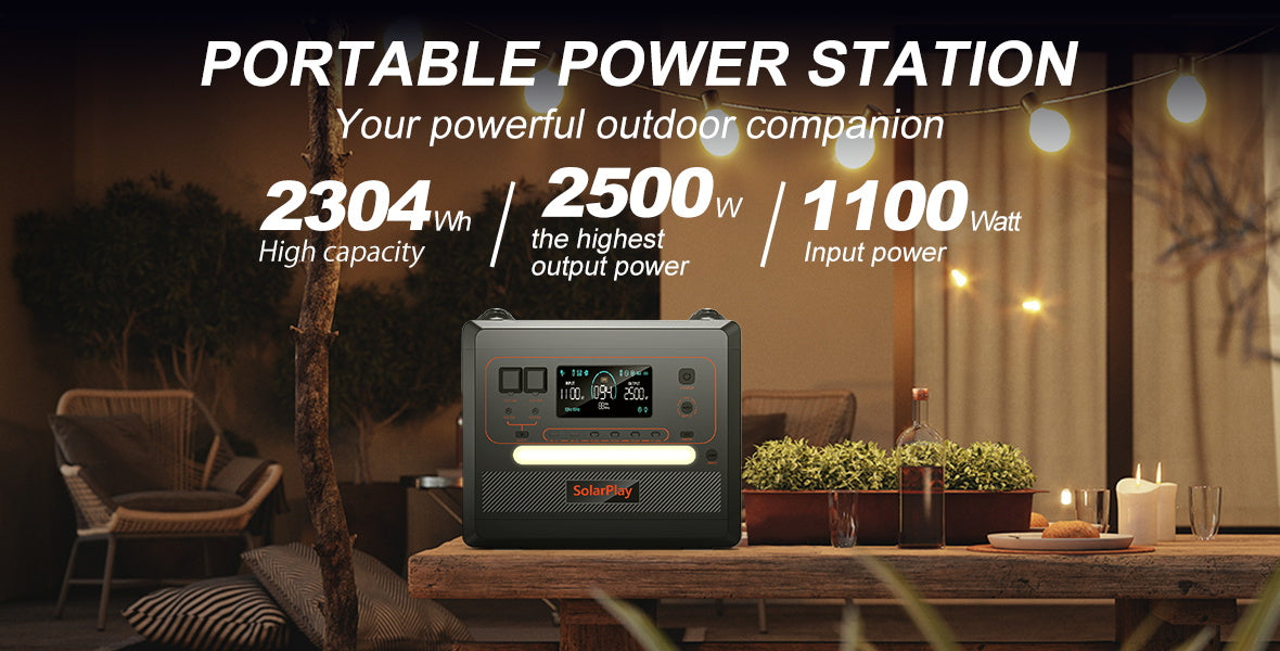 Solarplay Q2402M Portable Power Station, 2304Wh portable power station with 2500W output and 1100W input, ideal for outdoor use.