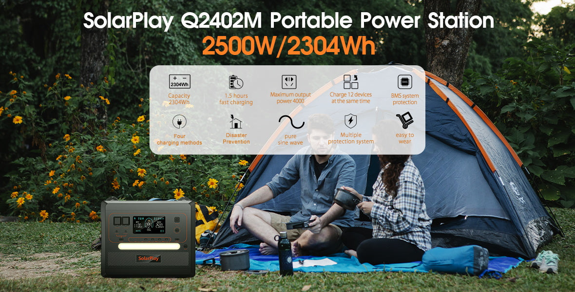 Solarplay Q2402M Portable Power Station, Portable power station with 2500W/2304Wh capacity, charging up to 12 devices at once, with BMS system and fast charging capabilities.