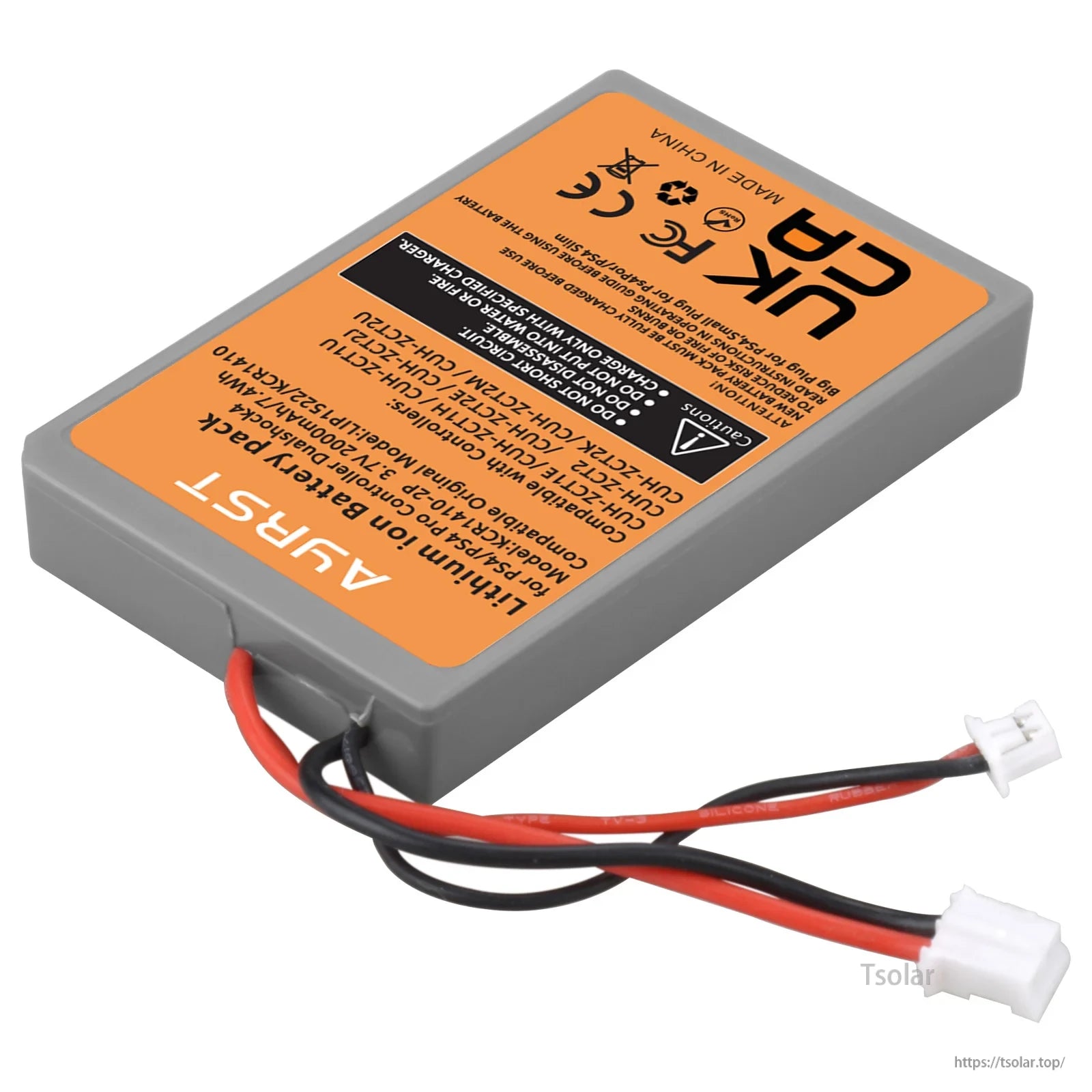 Sony PS4 DualShock 4 V1/V2 Replacement Battery, 3.7V 2000mAh Li-ion battery for PS4 DualShock 4, compatible with multiple models, CE/FCC/RoHS certified. Do not disassemble, short, or expose to water. Made in China.