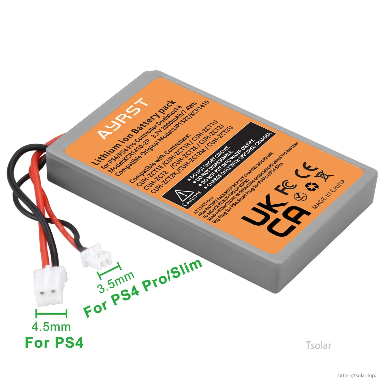 Sony PS4 DualShock 4 V1/V2 Replacement Battery, AYRST 2000mAh lithium-ion battery for PS4 controllers, compatible with all models, includes safety features, UKCA certified, made in China.