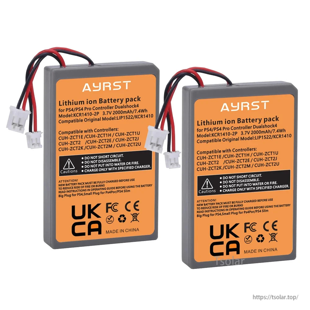 Sony PS4 DualShock 4 V1/V2 Replacement Battery, AYRST 2000mAh lithium-ion battery for PS4 DualShock 4, compatible with multiple models. Includes safety info, certifications, charging instructions. Made in China.