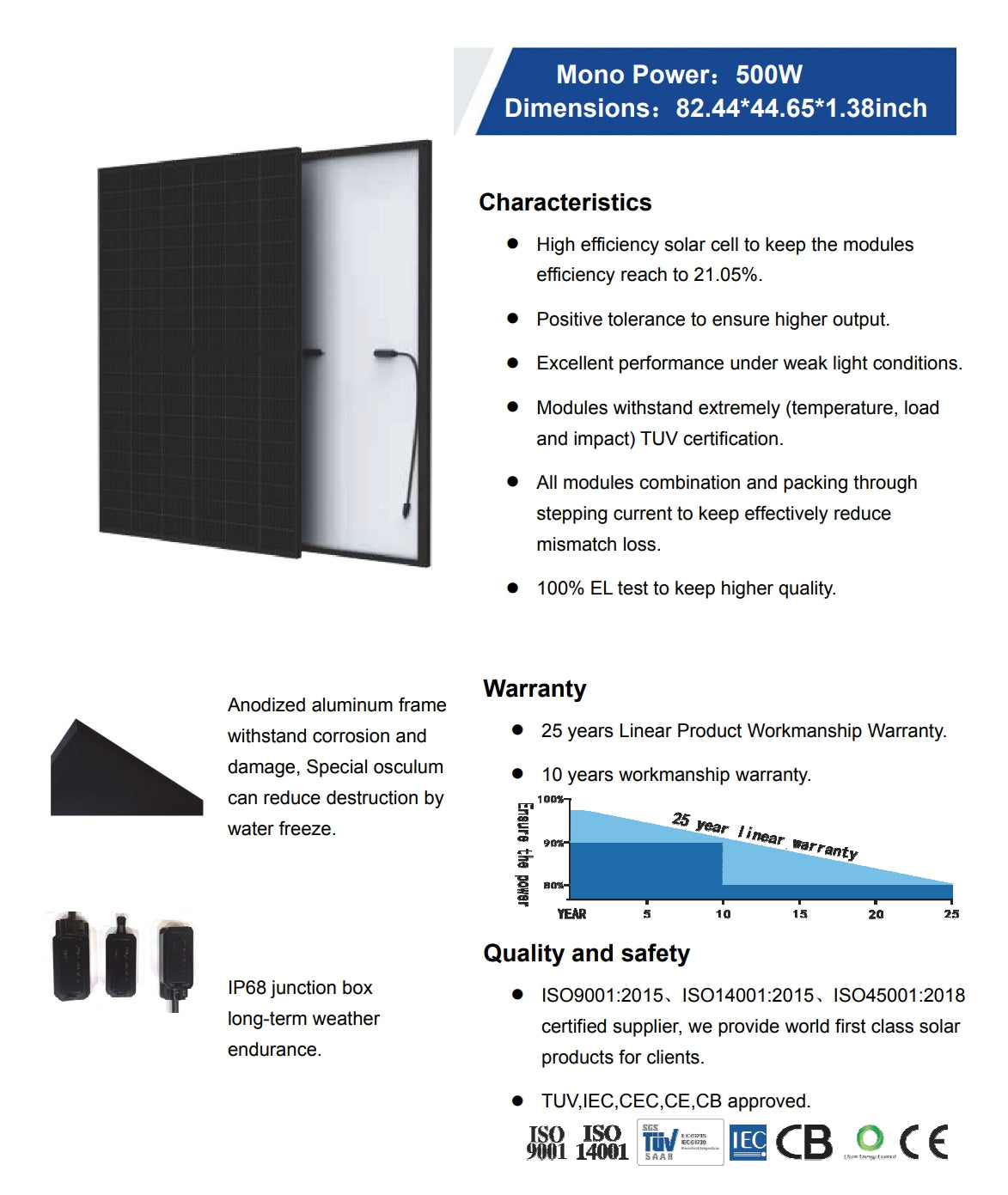 The SunGold Power 500W Solar Panel features high-efficiency cells, withstands extreme conditions, and has a corrosion-resistant frame with a 25-year workmanship warranty.