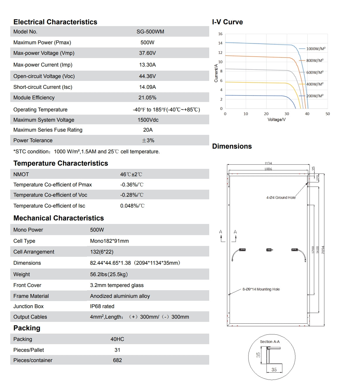 SunGold Power 500W Solar Panel, The SG-5000W solar panel has a maximum power of 10kW, with characteristics including efficiency, temperature range, and mechanical specifications.