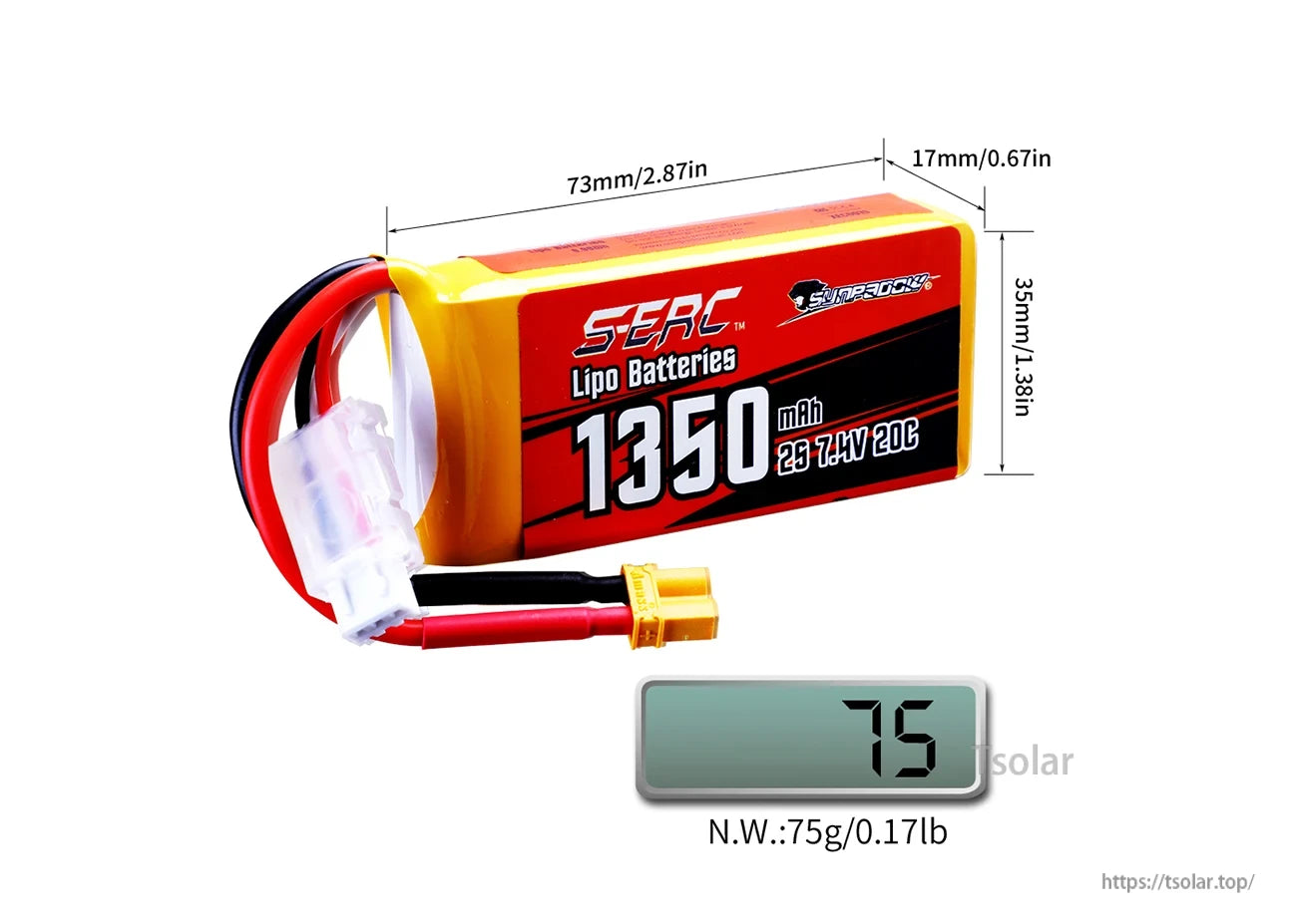 Sunpadow 2S LiPo battery: 1350mAh, 7.4V, 20C, 73x35x17mm, 75g—compact, lightweight power for RC models and drones.