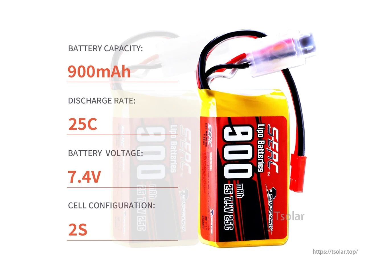 Sunpadow 2S LiPo Battery, 900mAh 25C 7.4V 2S LiPo battery with high discharge rate and compact design, ideal for RC applications.
