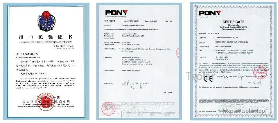 Sunpadow 2S LiPo Battery has export exemption, PONY safety test report, and CE certification for electromagnetic compatibility compliance.