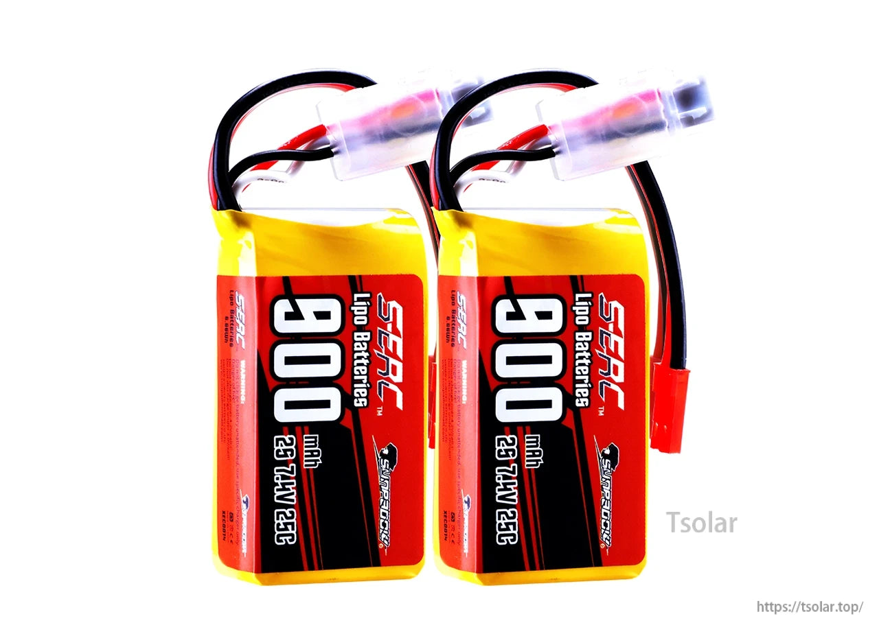 Sunpadow 2S LiPo battery pack with 2 cells, 7.4V and 1350/900mAh capacity.