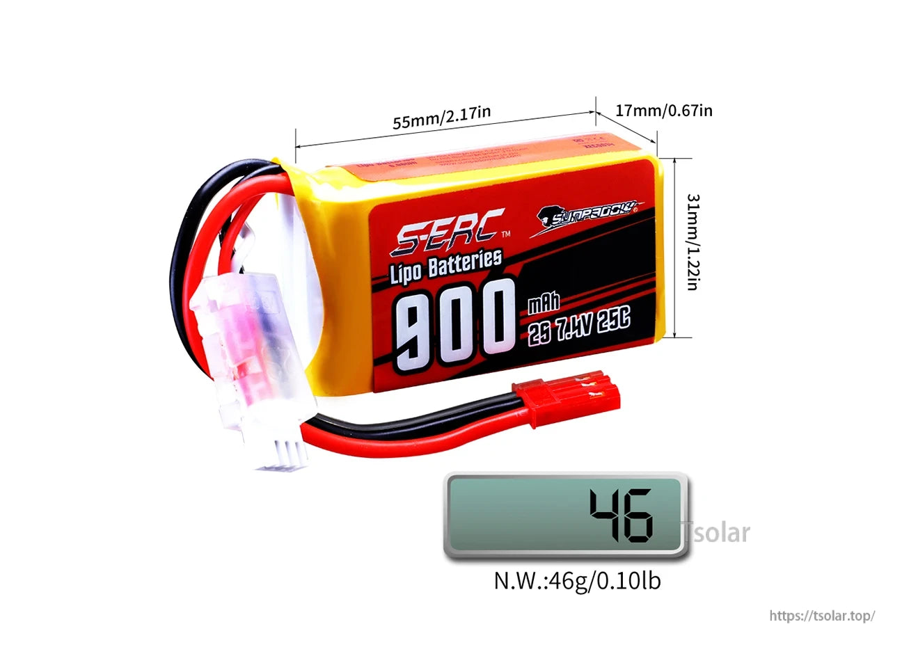Sunpadow 2S LiPo Battery, Sunpadow 2S 7.4V 900mAh LiPo battery, 25C discharge rate, measures 55x31x17mm, weighs 46g, ideal for RC models and small electronics.