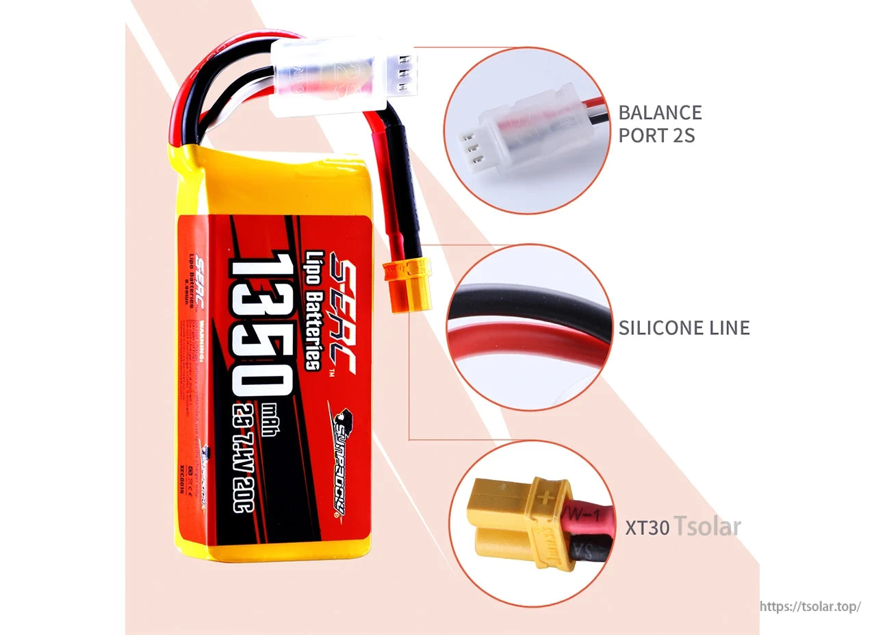 Sunpadow 2S LiPo Battery, SEPC 1350mAh 2S 7.4V 20C LiPo battery with XT30 plug, silicone wires, and 2S balance port for reliable power delivery in compact devices.