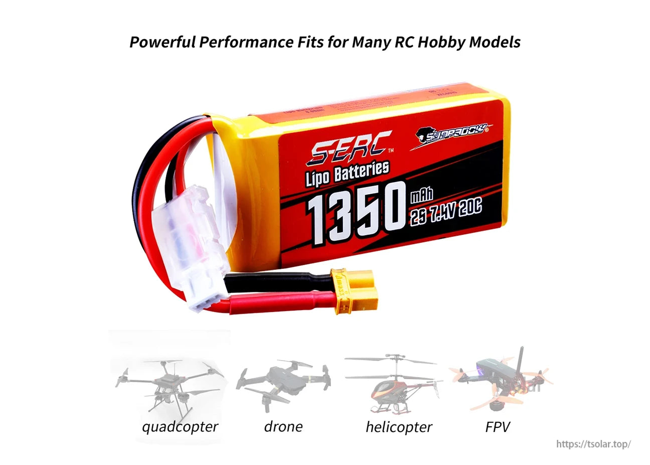 Sunpadow 2S LiPo Battery, SERC 1350mAh 7.4V 20C LiPo battery, 2S, ideal for RC drones, quadcopters, helicopters, and FPV systems. Lightweight, high-performance power solution.