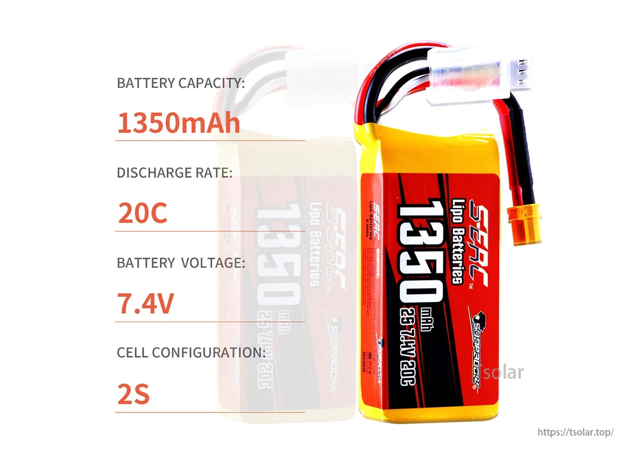 Sunpadow 2S LiPo Battery, 1350mAh 20C 7.4V 2S LiPo battery offers high discharge and compact design, ideal for RC applications.