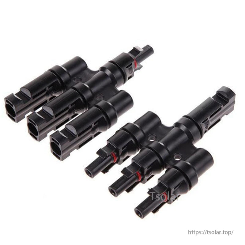 Set of black T-type 3-branch MC4 solar panel connectors with locking tabs for parallel photovoltaic wiring