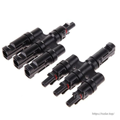 Set of black T-type 3-branch MC4 solar panel connectors with locking tabs for parallel photovoltaic wiring