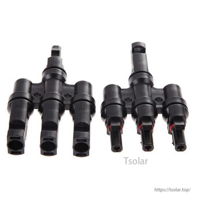 T-type 3-branch MC4 solar panel connector set with two black splitter adapters for photovoltaic wiring