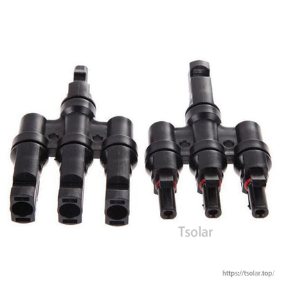 T-type 3-branch MC4 solar panel connector set with two black splitter adapters for photovoltaic wiring