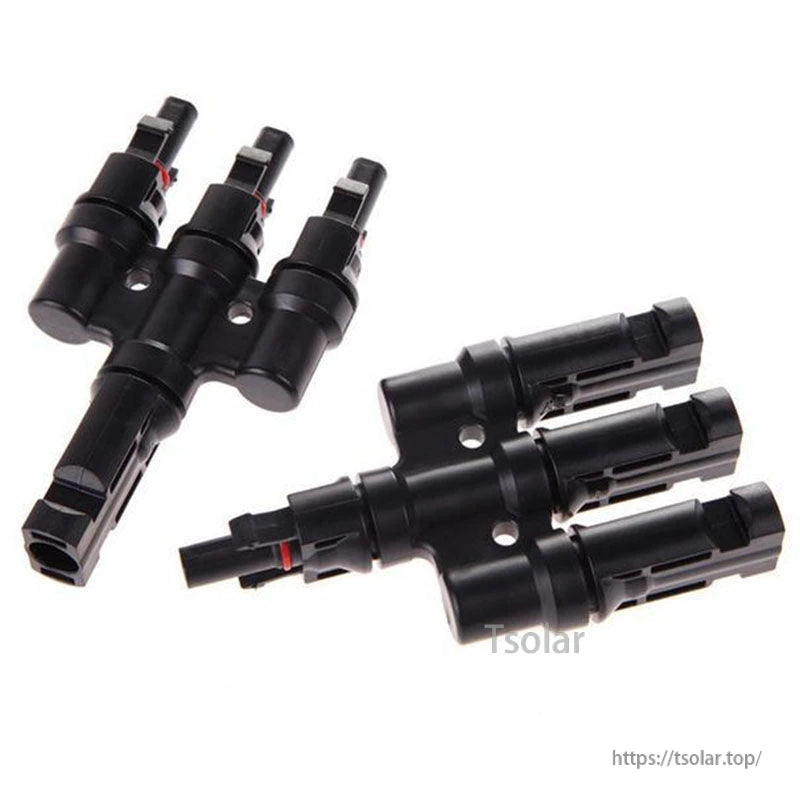 Pair of black T-type 3-branch MC4 solar panel connectors for parallel wiring, MFFF and FMMM adapters