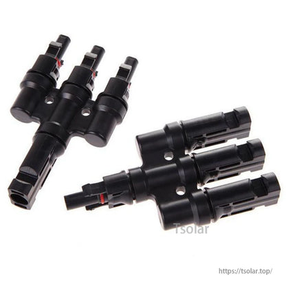 Pair of black T-type 3-branch MC4 solar panel connectors for parallel wiring, MFFF and FMMM adapters