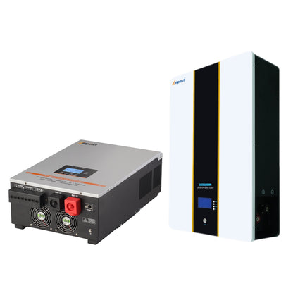 Ampinvt inverter and LiFePO4 battery setup, showing AC/PV/battery terminals and cooling fans