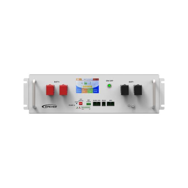 EPEVER 48V 100Ah LiFePO4 Battery, Front panel of EPEVER 48V LiFePO4 battery with red/black terminals, LCD status display, and CAN/RS485 ports