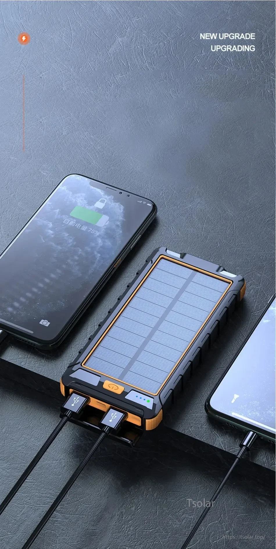 TSolar 100000mAh Solar Power Bank, Dual charging option includes wall and USB inputs as well as solar panel assistance for top-ups.