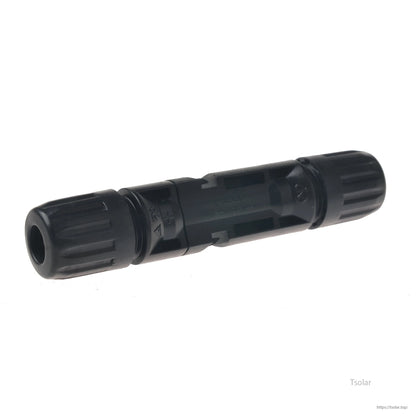 TUV MC4 Solar Photovoltaic Connector, Black MC4 solar photovoltaic inline connector with locking body and threaded end caps for cable connections