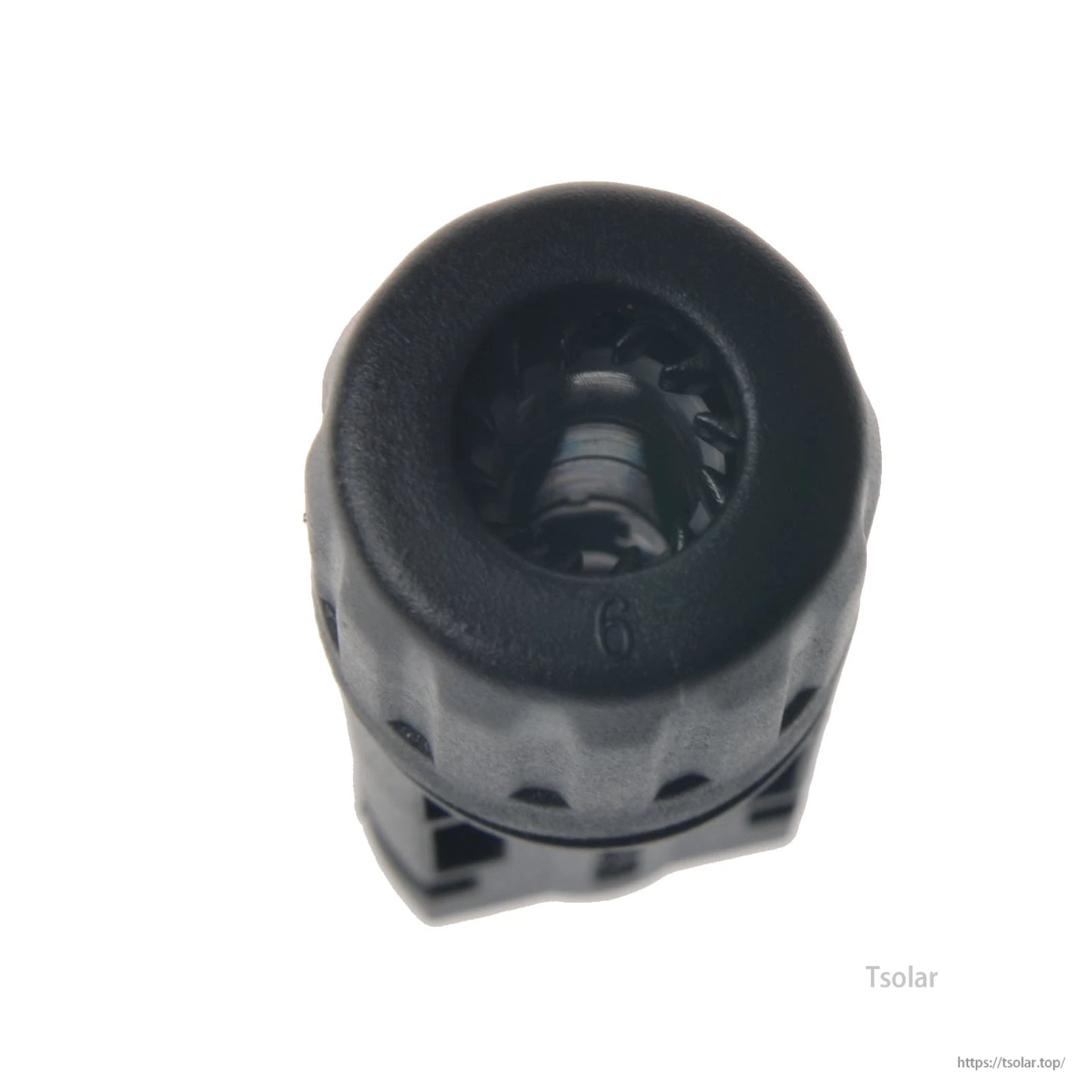TUV MC4 Solar Photovoltaic Connector, Close-up of a black MC4 solar photovoltaic connector body with circular opening and locking tabs