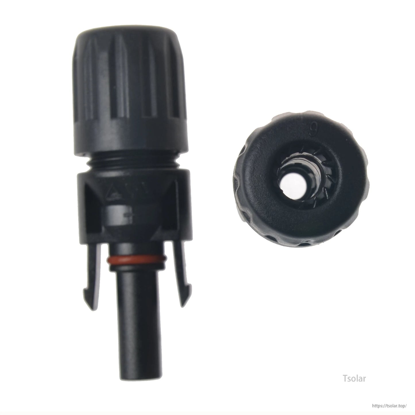 TUV MC4 Solar Photovoltaic Connector, Black MC4 solar photovoltaic connector with threaded locking cap, sealing O-ring, and snap-lock tabs