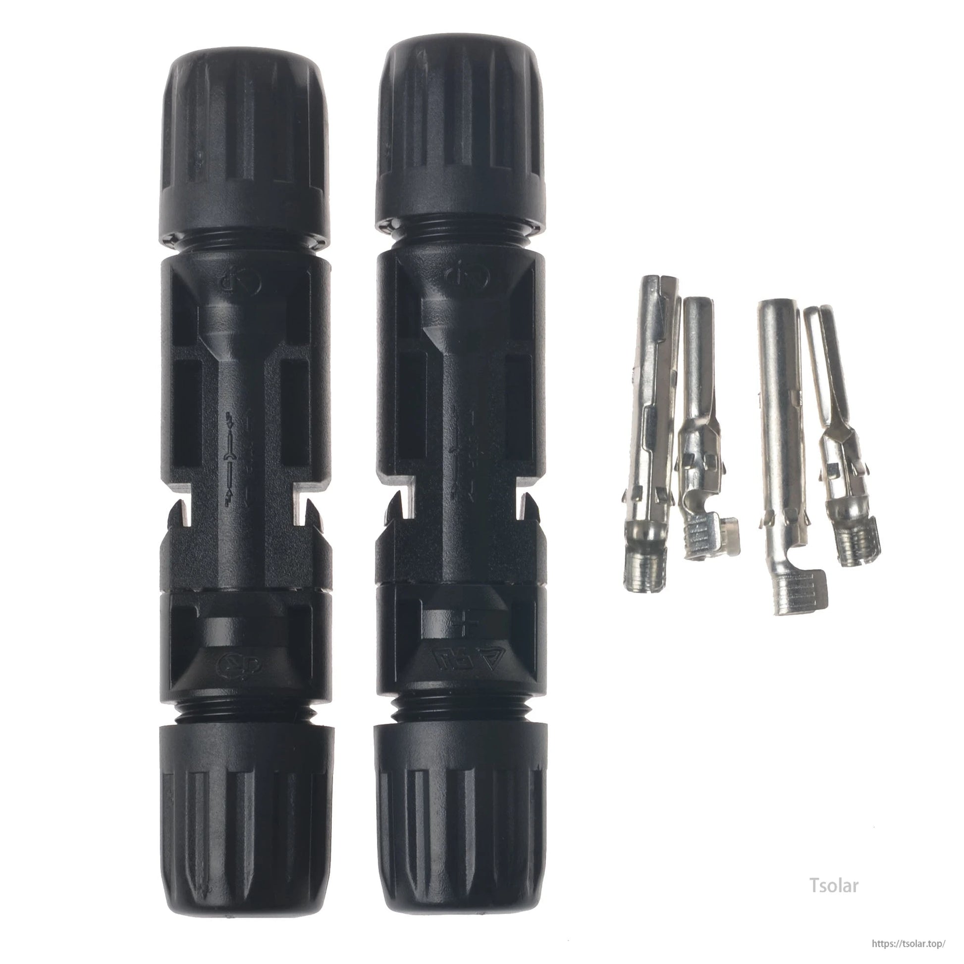 TUV MC4 Solar Photovoltaic Connector, Pair of black MC4 solar photovoltaic connector housings with metal crimp contacts for PV cable termination