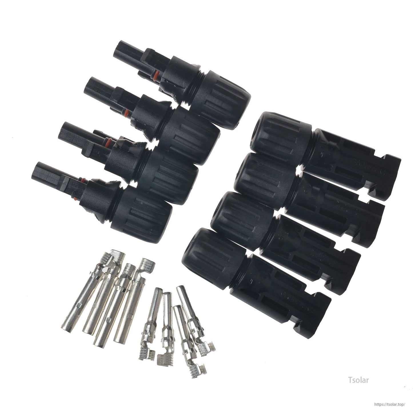 TUV MC4 Solar Photovoltaic Connector, Set of black MC4 solar photovoltaic connectors with metal crimp pins for PV cable wiring