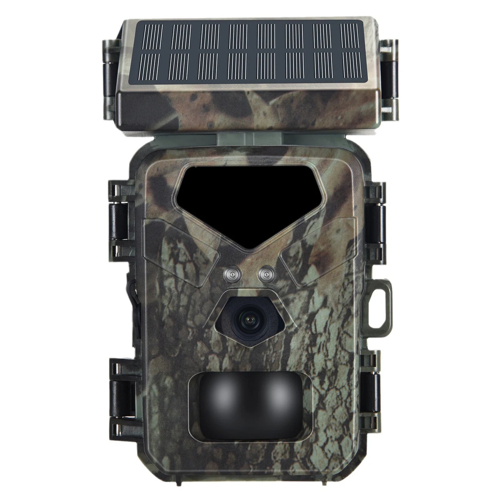 The 1080P Solar Hunting Camera has features like 20MP image resolution, 1080P video resolution, and night vision distance of 65ft.