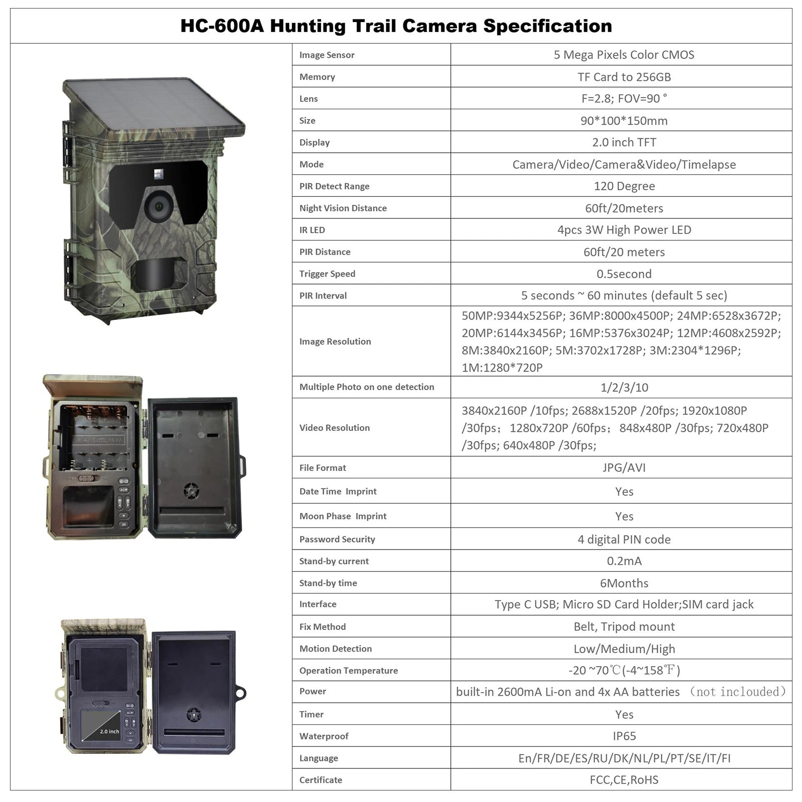 The HC-600A Solar Trail Camera captures wildlife with a 5MP sensor, up to 256GB storage, and features like night vision and timelapse.