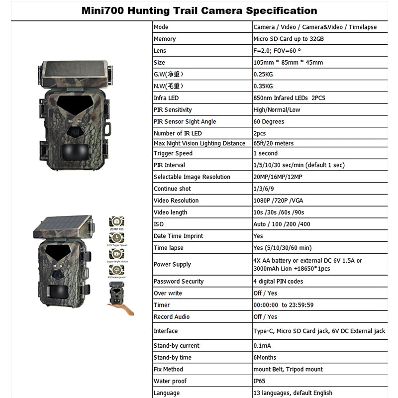 The Mini700 Trail Camera has a video and timelapse function, 2.0mm lens, infra-red LEDs, and PIR sensors for high sensitivity.