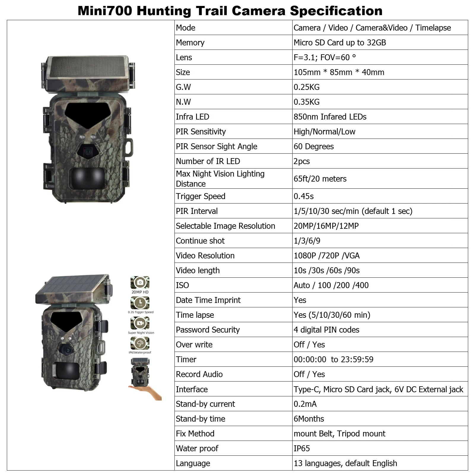 The Recon 20MP Solar Camera is a mini trail camera with video and timelapse modes, featuring up to 32GB storage and night vision.