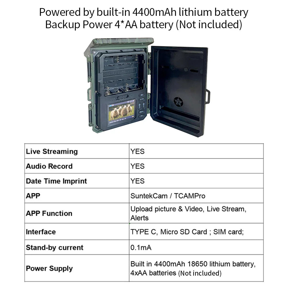 The Tomshoo 30MP Solar Trail Camera has built-in battery and backup power, live streaming, audio recording, and manual upload to APP SuntekCam TCAMPro.